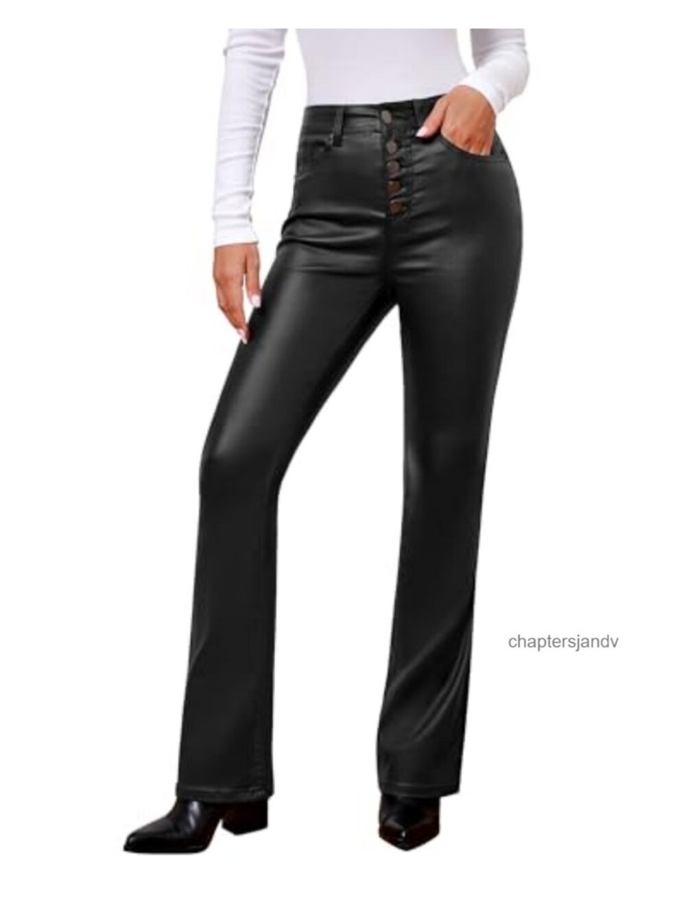 Flare Pants High Waisted Stretchy Faux Leather Look Button Fly Bell Bottom